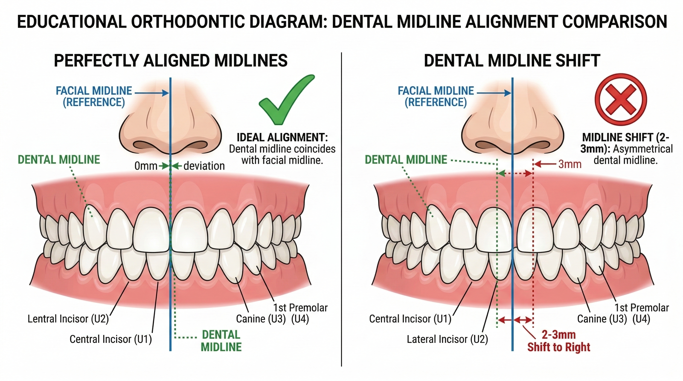 Dental midline alignment comparison perfectly aligned vs shifted