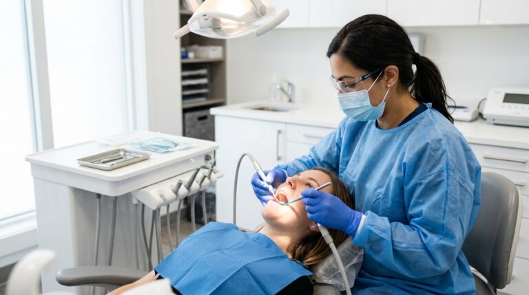Realistic photo of a dental hygienist cleaning a p f42c7845df