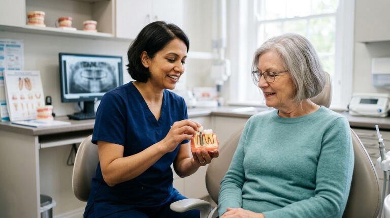 Realistic photo of a dentist holding a dental impl eb46e7c202